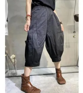 2022 Summer New Arts Style Women Elastico in vita Lunghezza polpaccio Pantaloni larghi Tutti abbinati Casual Doppia tasca Solid