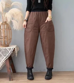 Inverno New Arts Style Donna Elastico in vita Pantaloni casual larghi Doppia tasca Addensare Pantaloni Harem in lino di cotone c