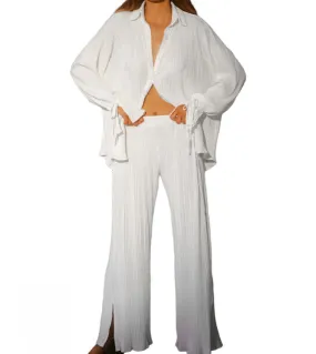 Tetyseysh Abito da donna a due pezzi Pantaloni estivi Moda femminile Tinta unita Camicetta a maniche lunghe e pantaloni dritti M